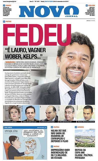 Capa do Novo Jornal sobre delação do homem-bom da operação Hígia