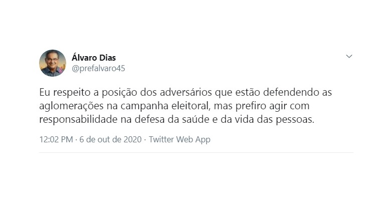 Internautas reagem a tweet em que prefeito Álvaro Dias diz estar preocupado com pandemia