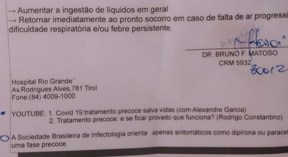 Médico de Natal indica a paciente vídeos de Alexandre Garcia e Rodrigo Constantino para tratamento precoce contra a covid-19