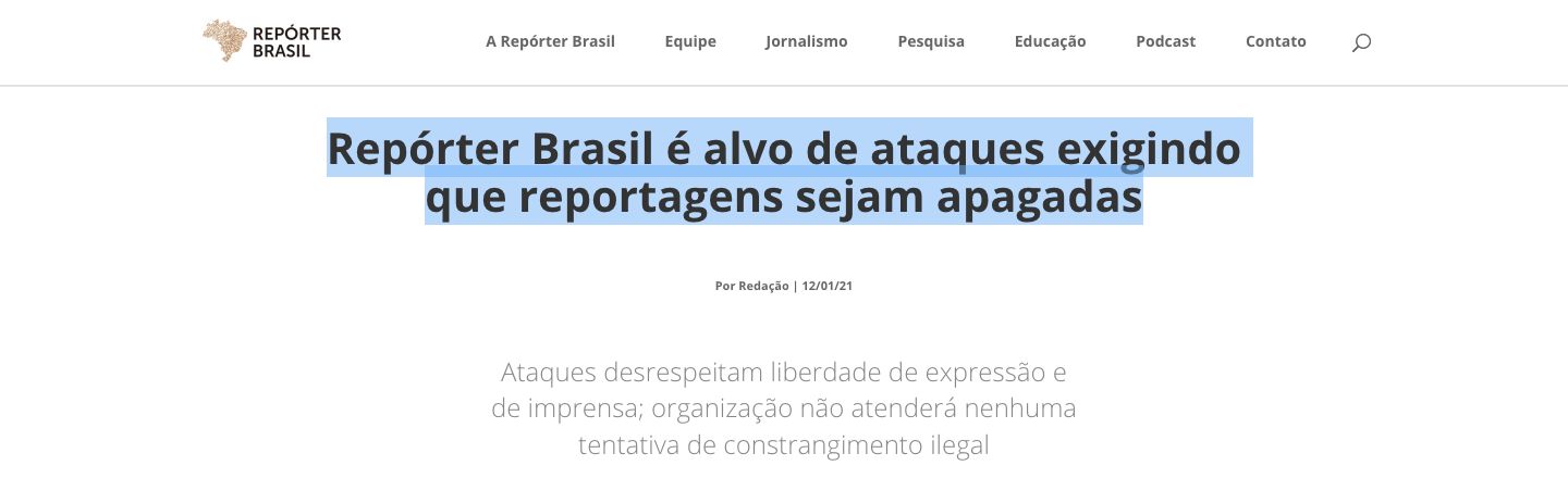 Ong Repórter Brasil é alvo de ameaças e tentativa de censura