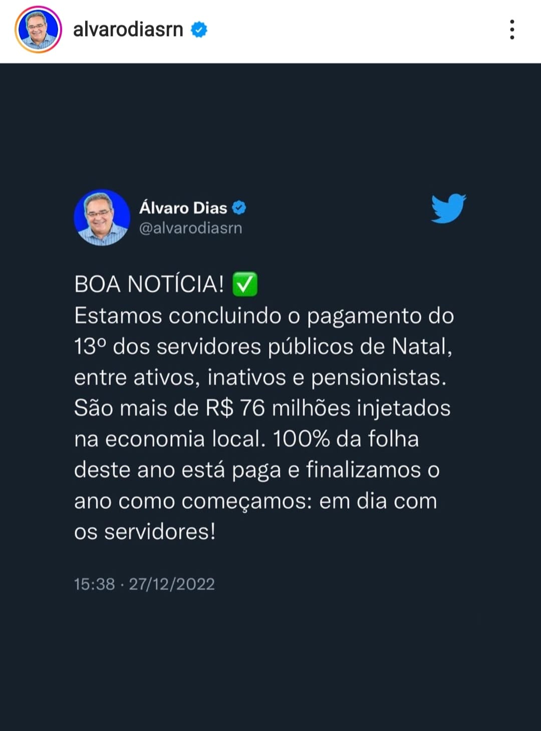 Álvaro Dias anuncia conclusão de pagamento do 13º em 27 de dezembro I Imagem: reprodução redes sociais