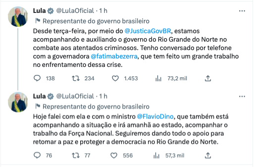 No twitter, Lula diz que está acompanhando crise no RN e anuncia visita do ministro da Justiça ao Estado